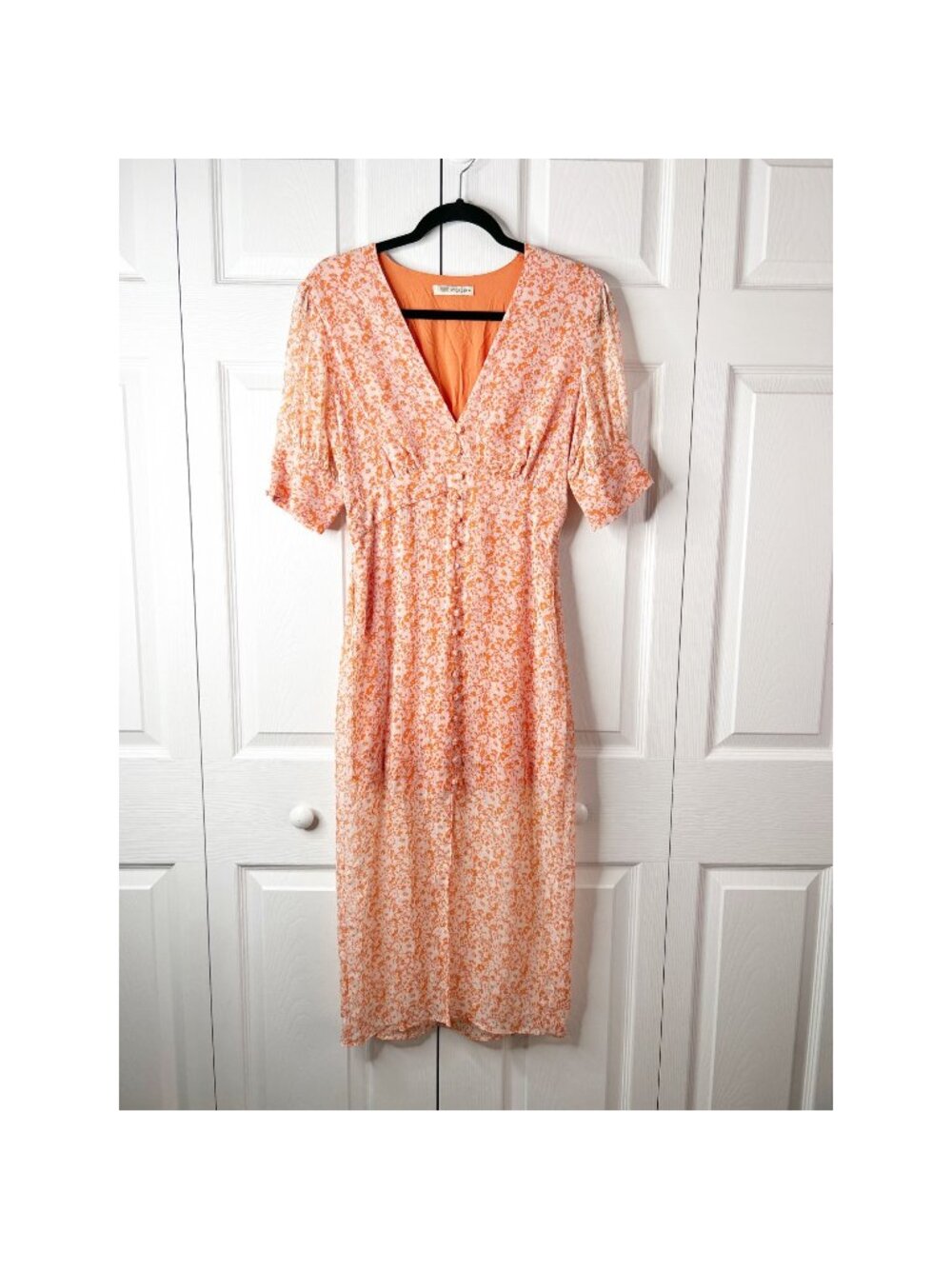 The East Order Peaches Orange White Floral Midi Dress Women's Size Medium M